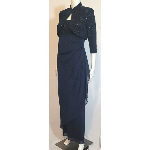 Alex Evenings Navy Blue Draped Column Gown With Bolero Jacket Size 6P - Picture 4 of 16